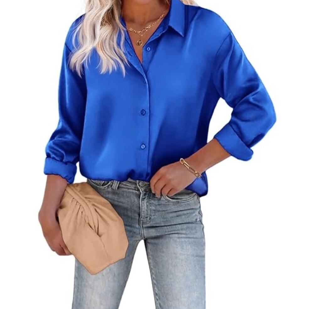 NEW Chigant Top Trad Wife Feminine Evening Blue Satin Luxury Old Money Button Up